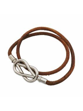 Hermes Bracelet Head Metal Leather Silver Brown
